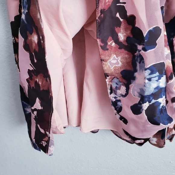 Vince Camuto Pink Floral Applique Long Sheer Sleeve Mini Wrap Dress - Picture 4 of 11